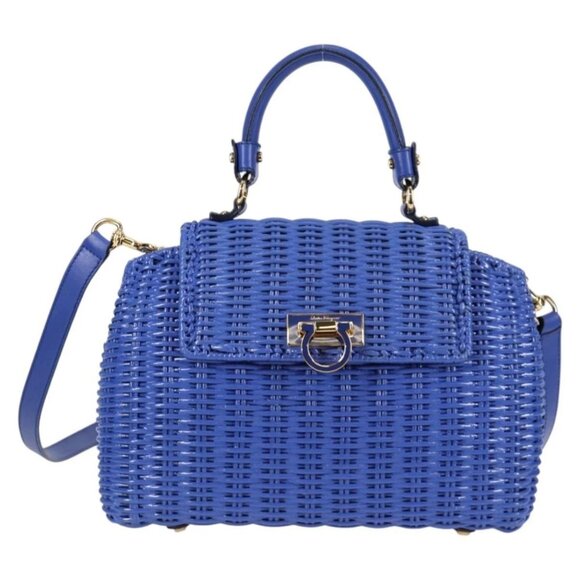 Salvatore Ferragamo Gancini Hand Bag Wicker 2way Blue Gold Auth 135631V - Picture 2 of 16